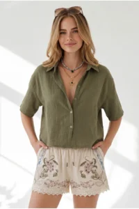 Olalook Women's Khaki Short Sleeve Crop Muslin Shirt - Image 3
