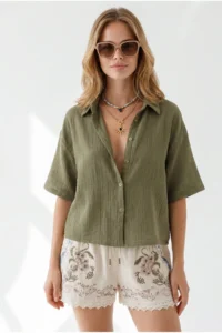 Olalook Women's Khaki Short Sleeve Crop Muslin Shirt - Image 4