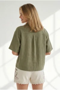Olalook Women's Khaki Short Sleeve Crop Muslin Shirt - Image 5