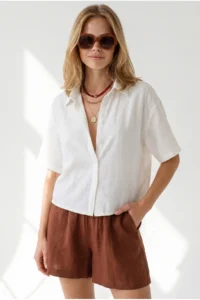 Olalook Women's White Short Sleeve Crop Muslin Shirt