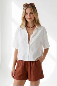 Olalook Women's White Short Sleeve Crop Muslin Shirt - Image 2