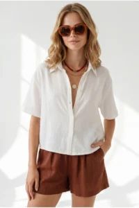Olalook Women's White Short Sleeve Crop Muslin Shirt - Image 3