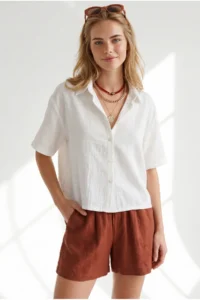 Olalook Women's White Short Sleeve Crop Muslin Shirt - Image 4