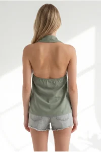 Olalook Women's Khaki Backless Linen Shirt - Image 5