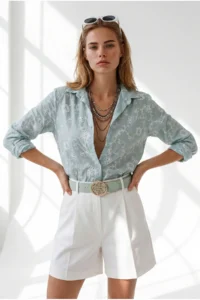 Olalook Women's Green Floral Scallop Detailed Shirt