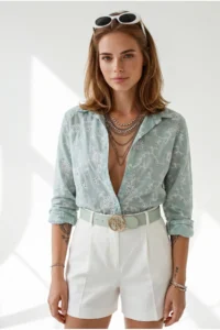 Olalook Women's Green Floral Scallop Detailed Shirt - Image 3