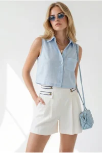 Olalook Women's Baby Blue Pocketed Sleeveless Crop Linen Shirt - Image 2