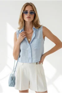 Olalook Women's Baby Blue Pocketed Sleeveless Crop Linen Shirt - Image 3