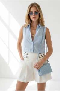 Olalook Women's Baby Blue Pocketed Sleeveless Crop Linen Shirt - Image 4