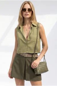 Olalook Women's Khaki Pocketed Sleeveless Crop Linen Shirt