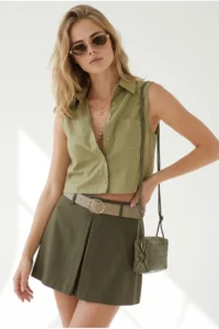 Olalook Women's Khaki Pocketed Sleeveless Crop Linen Shirt - Image 2