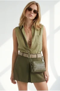Olalook Women's Khaki Pocketed Sleeveless Crop Linen Shirt - Image 3