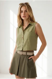 Olalook Women's Khaki Pocketed Sleeveless Crop Linen Shirt - Image 4