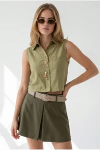 Olalook Women's Khaki Pocketed Sleeveless Crop Linen Shirt - Image 5