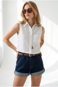 Olalook Women's White Pocketed Sleeveless Crop Linen Shirt - Image 5