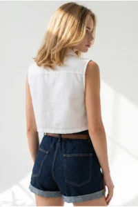 Olalook Women's White Pocketed Sleeveless Crop Linen Shirt - Image 6