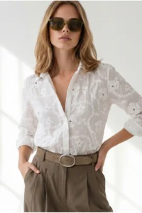 Olalook Women's White Embossed Flower Embroidered Woven Shirt - Image 2