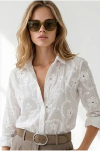 Olalook Women's White Embossed Flower Embroidered Woven Shirt - Image 4