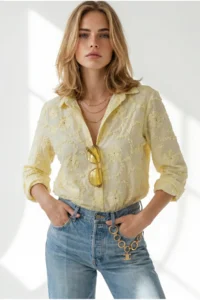 Olalook Women's Yellow Embossed Flower Embroidered Woven Shirt - Image 2