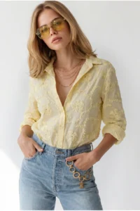 Olalook Women's Yellow Embossed Flower Embroidered Woven Shirt - Image 3