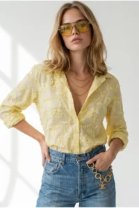 Olalook Women's Yellow Embossed Flower Embroidered Woven Shirt - Image 4