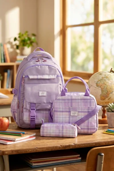 By Hakan My Polo Shirt 20100 Set of 3 Children's Primary School Secondary School Bag Backpack with Pen Holder Lunchbox Lilac