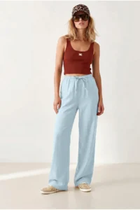 Olalook Women's Baby Blue Elastic Waist Pocket Royal Linen Loose Pants