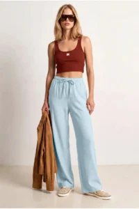 Olalook Women's Baby Blue Elastic Waist Pocket Royal Linen Loose Pants - Image 2