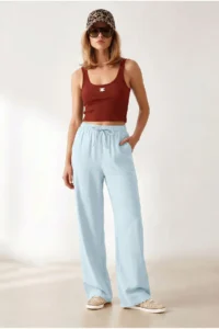 Olalook Women's Baby Blue Elastic Waist Pocket Royal Linen Loose Pants - Image 3
