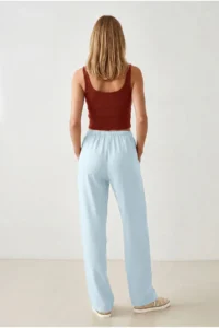 Olalook Women's Baby Blue Elastic Waist Pocket Royal Linen Loose Pants - Image 4