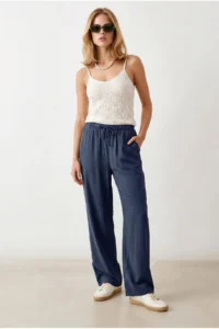 Olalook Women's Navy Blue Elastic Waist Pocket Royal Linen Loose Trousers