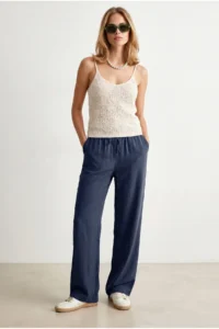 Olalook Women's Navy Blue Elastic Waist Pocket Royal Linen Loose Trousers - Image 2