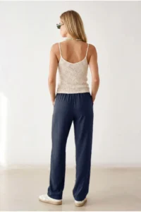 Olalook Women's Navy Blue Elastic Waist Pocket Royal Linen Loose Trousers - Image 4