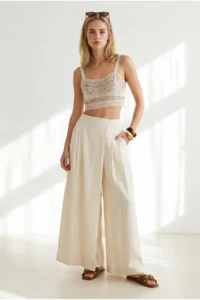 Olalook Women's Beige Pocket Skirt Look Modal Trousers - Image 3