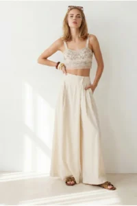 Olalook Women's Beige Pocket Skirt Look Modal Trousers - Image 4