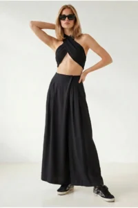 Olalook Women's Black Pocket Skirt Look Modal Trousers - Image 3