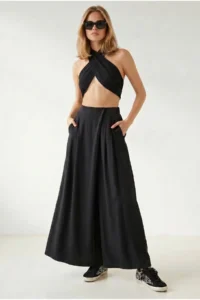 Olalook Women's Black Pocket Skirt Look Modal Trousers - Image 4