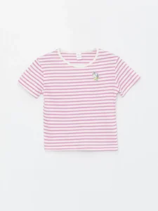 LCW Kids Lilac Crew Neck Short Sleeve Striped Baby Girl T-Shirt - Image 3