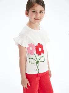 LCW Kids White Crew Neck Floral Girls' T-Shirt