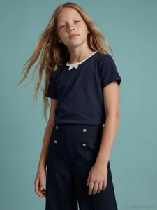 LCW Kids Navy Blue Crew Neck Fiyonk Detailed Girls' T-Shirt