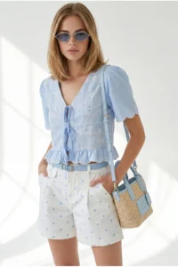 Olalook Women's Baby Blue Belted Pocket Polka Dot Gabardine Shorts