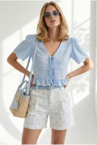 Olalook Women's Baby Blue Belted Pocket Polka Dot Gabardine Shorts - Image 2