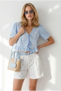 Olalook Women's Baby Blue Belted Pocket Polka Dot Gabardine Shorts - Image 3