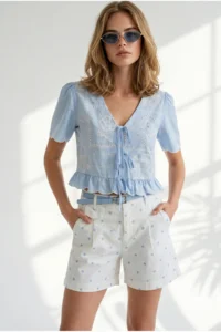 Olalook Women's Baby Blue Belted Pocket Polka Dot Gabardine Shorts - Image 4