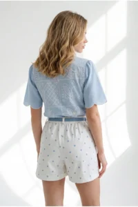Olalook Women's Baby Blue Belted Pocket Polka Dot Gabardine Shorts - Image 5