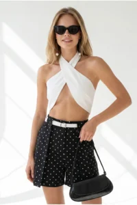 Olalook Women's Black Polka Dot Belted Pocket Bridge Detailed Atlas Shorts - Image 2