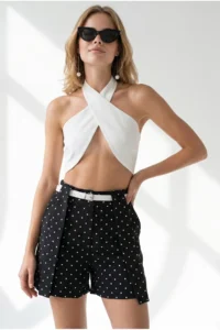 Olalook Women's Black Polka Dot Belted Pocket Bridge Detailed Atlas Shorts - Image 4