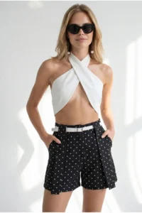 Olalook Women's Black Polka Dot Belted Pocket Bridge Detailed Atlas Shorts - Image 5