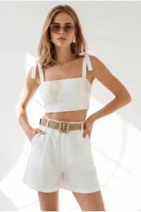 Olalook Women Ecru with pocket pleated Linen Shorts - Image 2