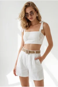Olalook Women Ecru with pocket pleated Linen Shorts - Image 3